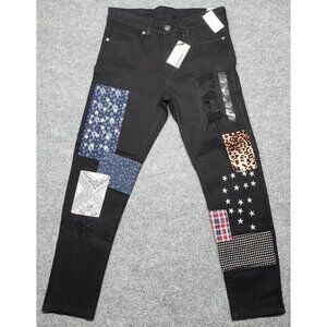 Rue21 Jeans Mens 32X30 Black Denim Supreme Flex Skinny Distressed Patches New